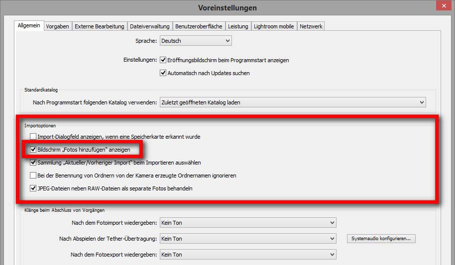 Abschalten des Bild hinzufügen Dialoges in den Voreinstellungen von Lightroom CC 2015.2.1 und 6.2.1 Abschalten des Bild hinzufügen Dialoges in den Voreinstellungen von Lightroom CC 2015.2.1 und 6.2.1